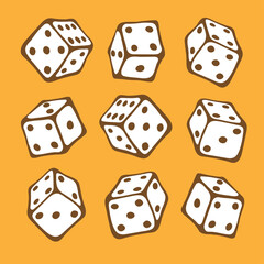 Set of cubes for board game drawn by black outline in doodle style isolated on yellow. Perfect for play decor of children playroom, print, textile, packaging. Stay home concept.