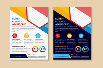 abstract flyer template design use a headline is custom dummy text. vertical layout with space for hexagon photo collage and text. colorful on elements. grey and blue background. 