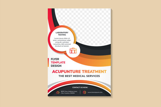 abstract cover flyer template design use a headline is acupuncture treatment. vertical layout with space for quarter circle photo collage and text. red orange and black gradient on elements. halftone