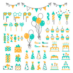 Happy Birthday color flat line elements set. Festive bright holiday party objects balloon cupcake birthday cake with candles candy whistle present hat on white background. Minimal vector illustration.
