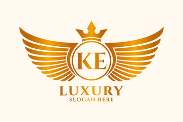 Luxury royal wing Letter KE crest Gold color Logo vector, Victory logo, crest logo, wing logo, vector logo template.