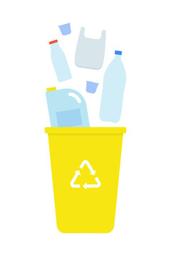 Recycling plastic waste concept. Yellow trash bin with plastic packaging and bottles. Isolated on white background. Vector illustration.