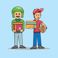 two courier character The deliveryman with a package or box. Vector illustration in cartoon Online delivery.