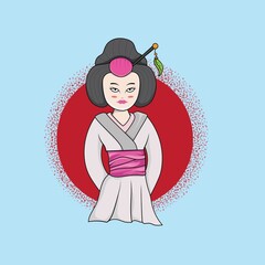 Beautiful geisha in pink Woman wearing traditional Japanese clothes. Hand drawn vector illustration.