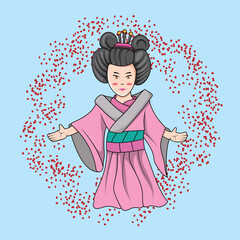 Beautiful geisha in pink Woman wearing traditional Japanese clothes. Hand drawn vector illustration.