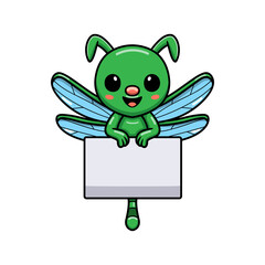 Cute little green dragonfly cartoon with blank sign