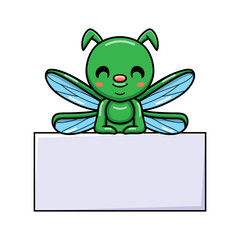 Cute little green dragonfly cartoon with blank sign