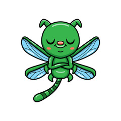 Cute little green dragonfly cartoon sleeping