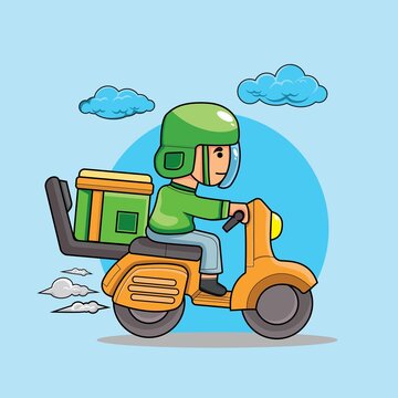 courier character The deliveryman rides a scooter with a package or box. Vector illustration in cartoon Online delivery.