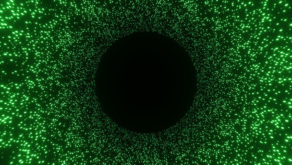 Creative illustration of a round frame formed by countless green neon particles.