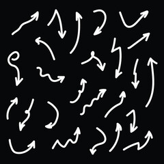 Hand Drawn White Arrow Set Collection On Black Background
