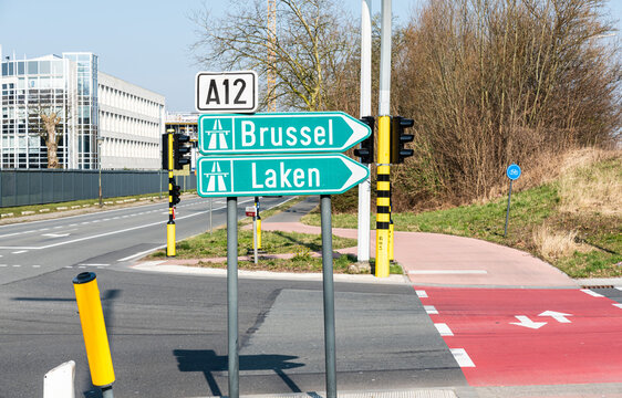 Strombeek Bever, Flemish Brabant Region, Belgium - Sign towards the A12 highway and the Brussels ring road