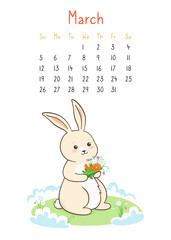 Calendar 2023 with rabbit, march page planner organizer. Bunny giving bouquet flower, hello spring poster. Romantic design love, template postcard, invitation or childish banner, vector illustration