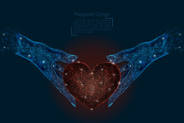 Abstract isolated image of human hand holding red heart. Polygonal low poly style illustration looks like stars in the blask night sky in spase or flying glass shards. © Katsiaryna