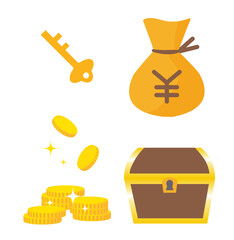 コインと宝箱と鍵とコイン袋のイラストセット