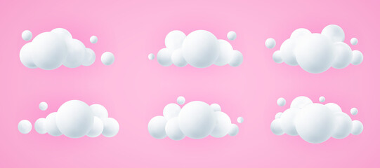 3d realistic clouds set blue background cartoon fluffy icon in the pink sky geometric shapes vector illustration