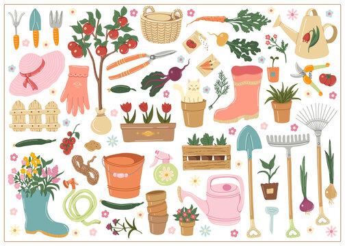 Set  hand drawn vector isolated elements of Gardening. Garden tools. Springtime. Vegetables. Garden flowers. Garden accessories. Color image on a white background.