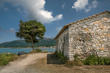 Lonely tree near old greek house on the sunny Greek island Corfu. Roda City