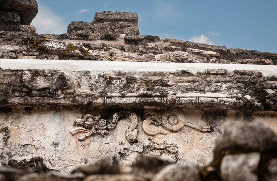Palace wall with a carved serpent at Palenque Archaeological site in Chiapas, Mexico. The ancient Maya is famous for the finest architecture, sculpture and bas-relief carvings that the Mayas produced.