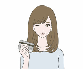 カードを持ち、ウィンクをする女性