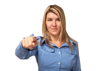 Businesswoman pointing her index finger towards the camera isolated