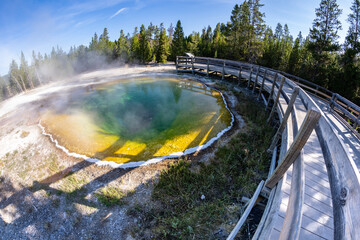 Famous Morning Glory Geyser in Yellowstone National Park, in fisheye lens