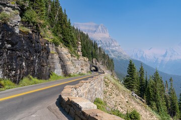 Tunnel along Going to the Sun Road in Glacier National Park on a hazy day