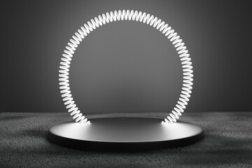 Black cylinder pedestal podium with glowing spiral neon. 3d render for product display presentation.