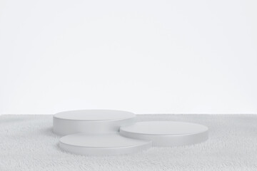 White cylinder podium on soft furry carpet floor, stage for product, 3d render.