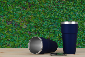 Stainless steel thermos tumbler cup cold mug on top wood with green leaf bokeh background. 3d render.