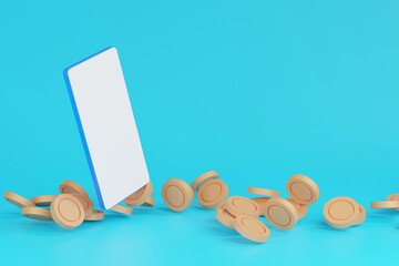 Smartphone with stack of gold coins, concept of management online business with mobile phone. 3d render.