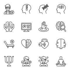 Psychology, psychologist, psychotherapist, psychotherapy icons set 1 with white background. thin line style stroke vector.