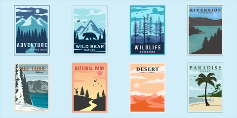 Poster set of outdoor nature poster minimalist vintage vector illustration template graphic design. bundle collection of various national park concept at beach forest lake and wildlife © zyxroun