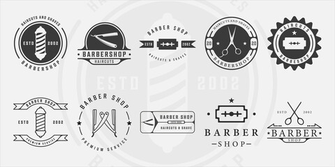 set of minimalist barbershop logo line art vintage vector illustration template icon graphic design. bundle collection of various barber shop sign or symbol for business retro concept