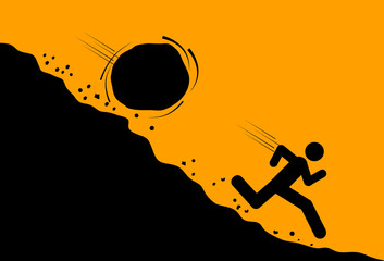 Huge rock or boulder rolling down a man from steep hill , risk, trouble and crisis. vector - obrazy, fototapety, plakaty