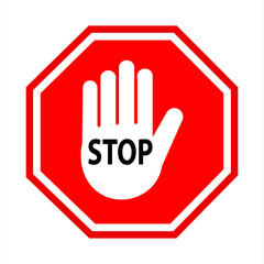 Simple red stop roadsign with lettering "STOP on big hand sign or icon vector