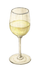 白ワインの入ったワイングラス　手描き