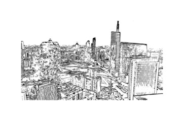 Building view with landmark of Milan is the 
city in Italy. Hand drawn sketch illustration in vector.