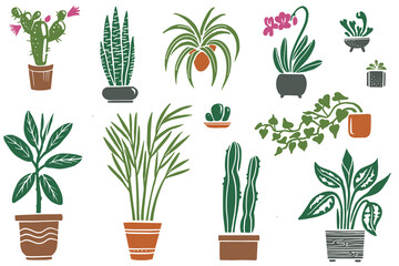 Naklejka na ściany i meble Set of home flowers in pots. Vector silhouette illustration for flower shop, sketchbook, cover designs. Room flowers on white background.