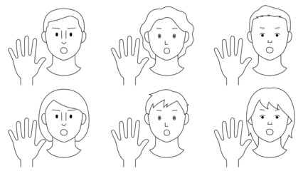 片手を前に突き出し「NO」の意思表示をする人々のイラスト（白背景・ベクター・線画・切り抜き）