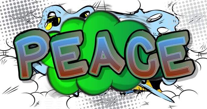 Peace. Motion poster. 4k animated Comic book word text moving on abstract comics background. Retro pop art style.