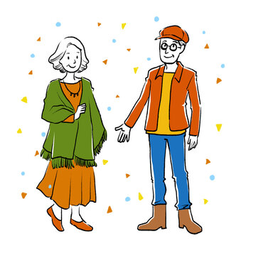 背景付きの秋服のお洒落なシニアイラスト