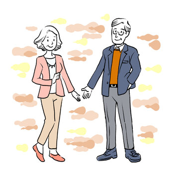 背景付きのポーズをとる男女のシニアの全身イラスト