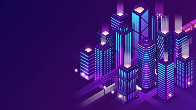 4K vector metropolis smart city train isometric violet background