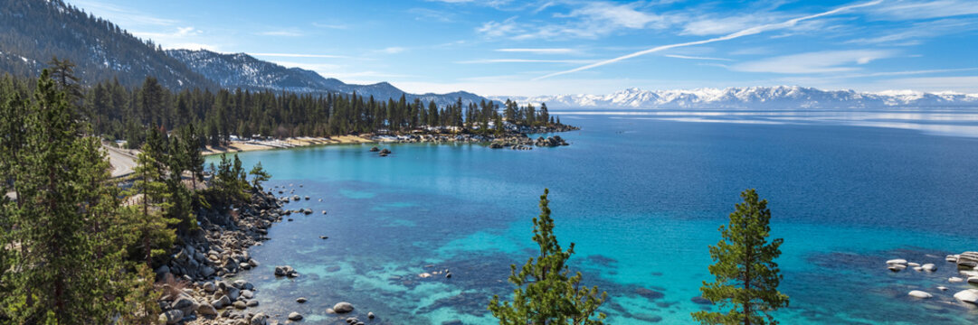 Panorama of Lake Tahoe east shore with view on Sand Harbor, sunny day in spring