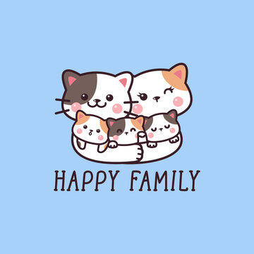 Cute Happy Photo Cat Family With Father, Mother, And Child Drawing Cartoon Doodle