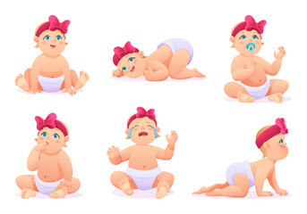 Set of cute little baby girl with diaper in various poses and situations, vector cartoon character