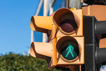 Traffic lights over urban intersection. Green light