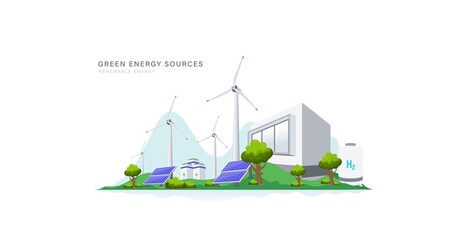Green energy power plant with solar and wind source background concept. Clean electric energy and renewable source for future sustainable world vector illustration.