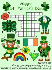 Crossword for St Patrick's day in English for kids vector illustration. Funny educational word game for children. Cartoon crossword with keyword and answer vector